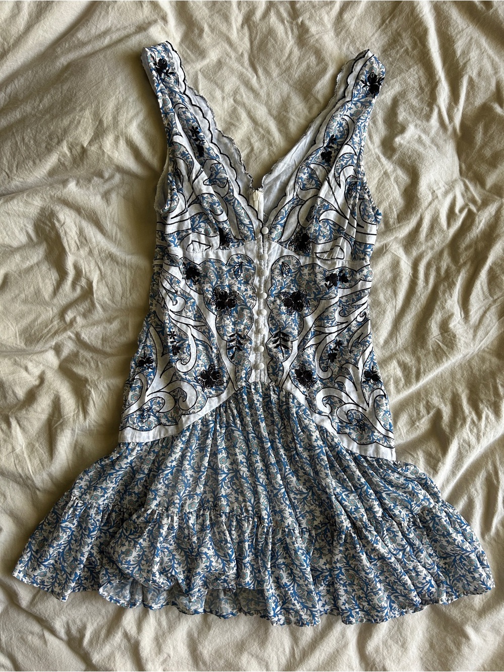 Anthropology V-Neck Blue & White Floral Fit-and-Flare Dress Small
